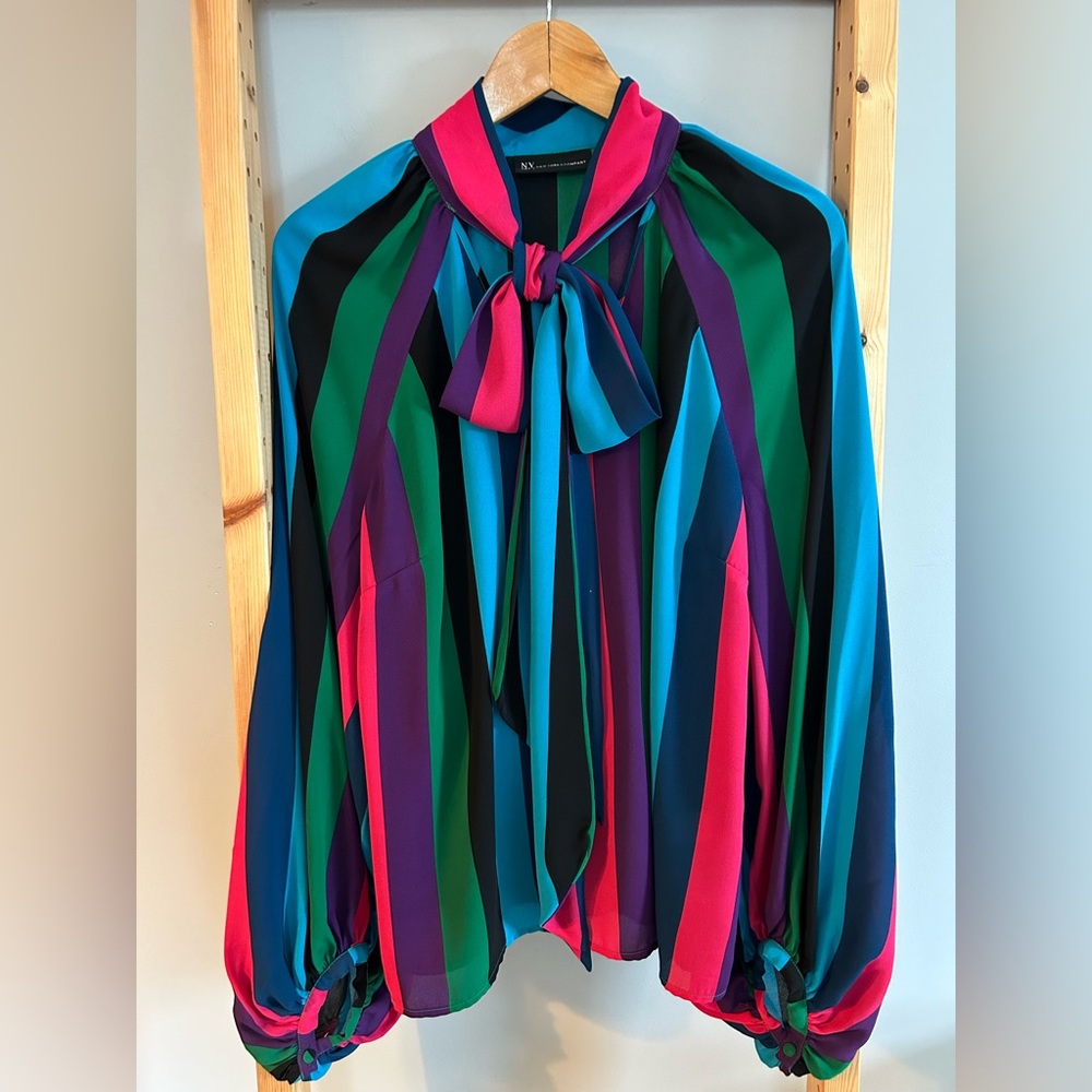 NY & Company Women's Bow Tie Long Lantern Sleeved Colorful Striped Blouse Size L
